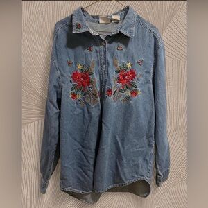 Vintage Bobbie Brooks Blue Denim Shirt with Red Floral Embroidery